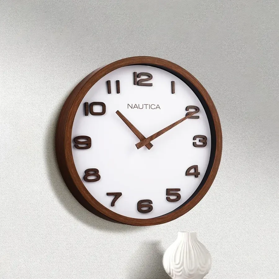 Luxury Real Wood Numbers Wall Clock with Silent Sweep Technology (Teak & White) - Nautica